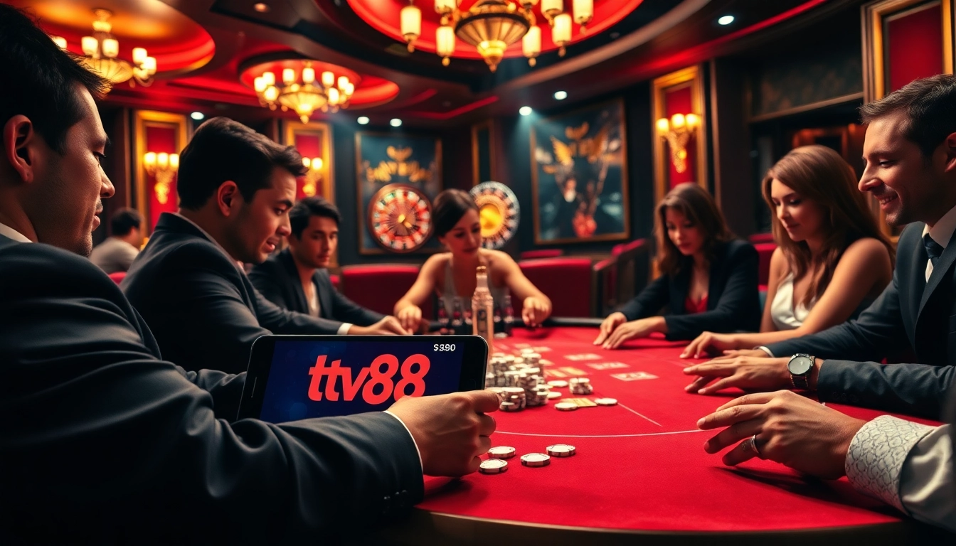 Engaged players at a luxurious poker table, experiencing the thrill of tv88 casino gaming.
