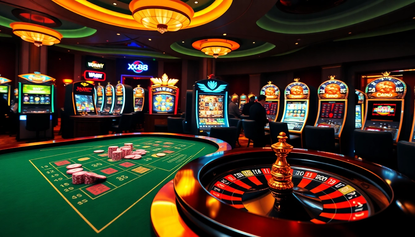 Players engage in thrilling online gambling at XX88's luxurious digital casino, showcasing poker chips and a roulette wheel.