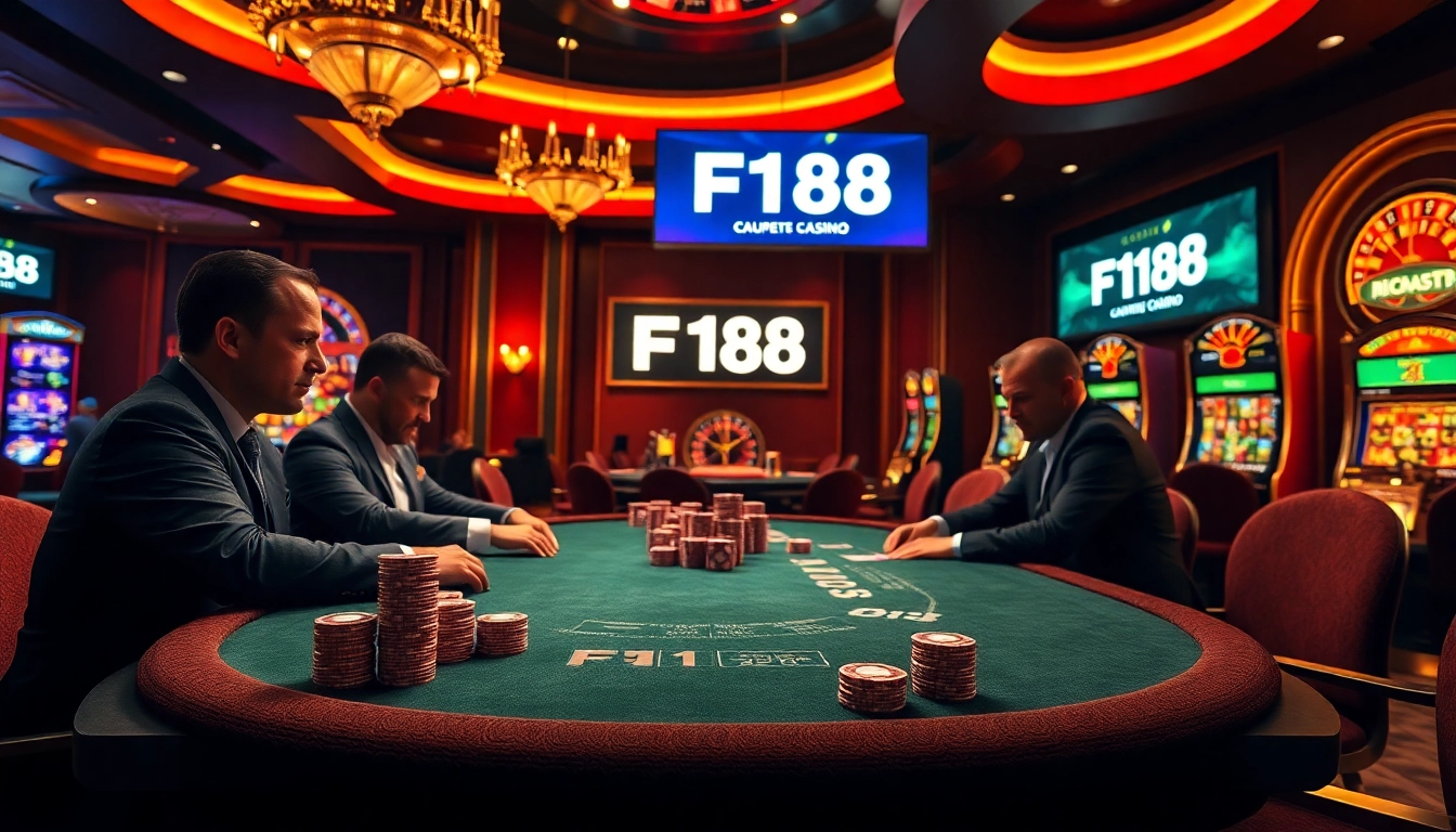 Experience high-stakes action at F168 casino with poker tables and vibrant gaming atmosphere.