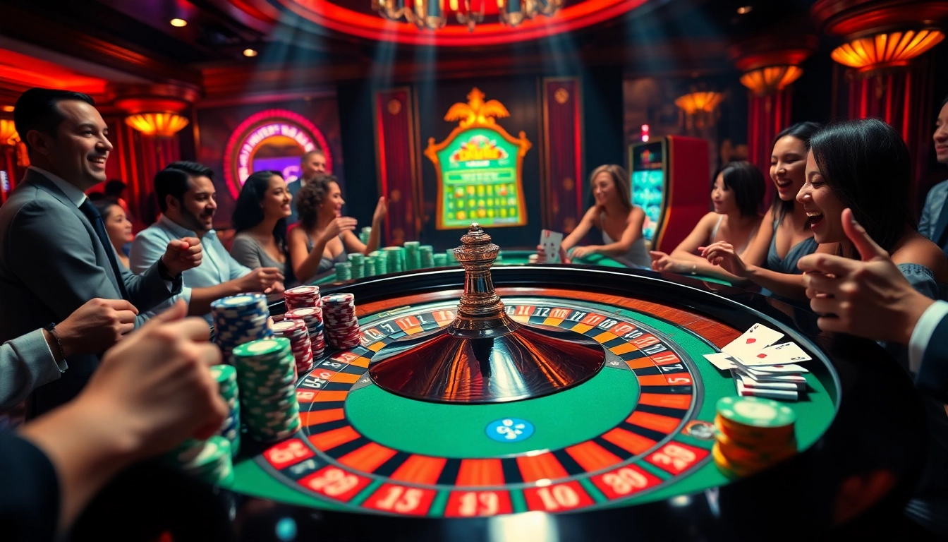 Exciting scene of gamblers enjoying the f168 online casino experience with vibrant tables and games.