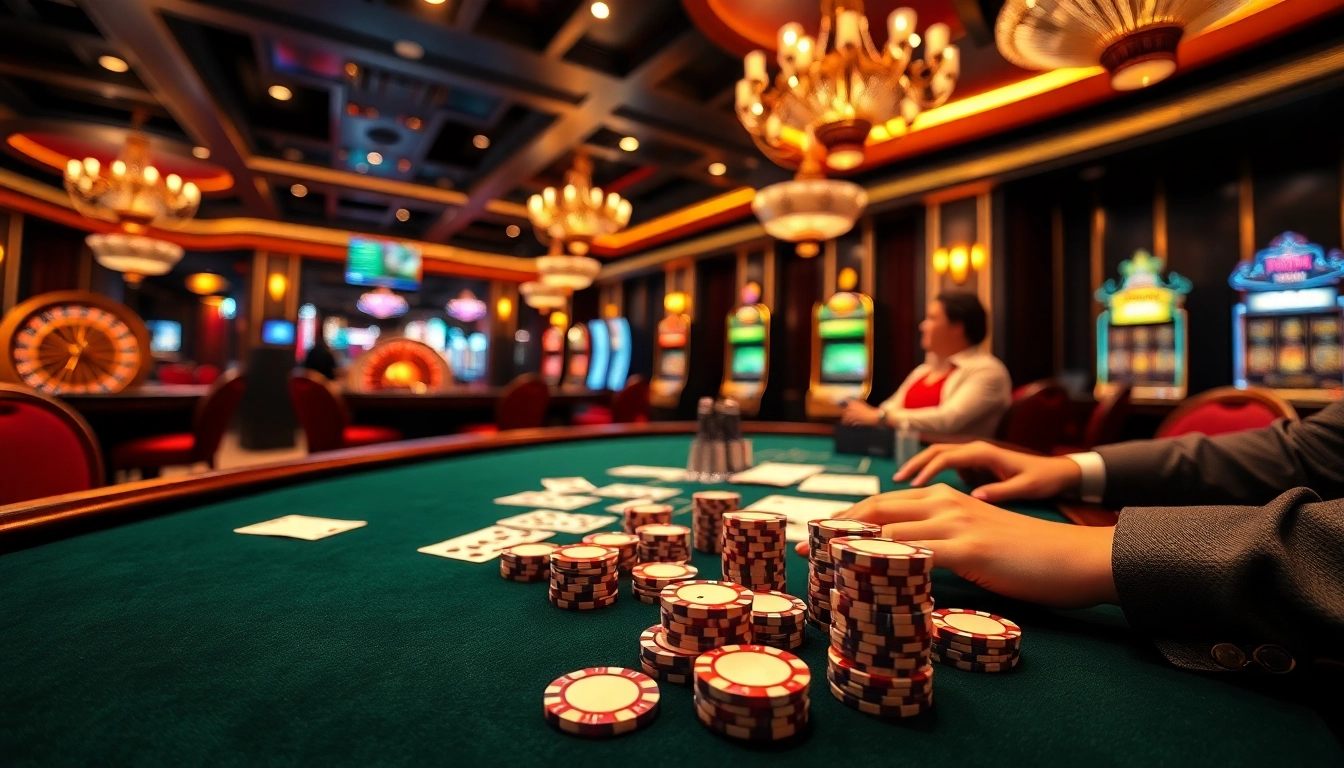 Experience the excitement of Trang Chủ BJ88 with a lively poker table and vibrant casino atmosphere.