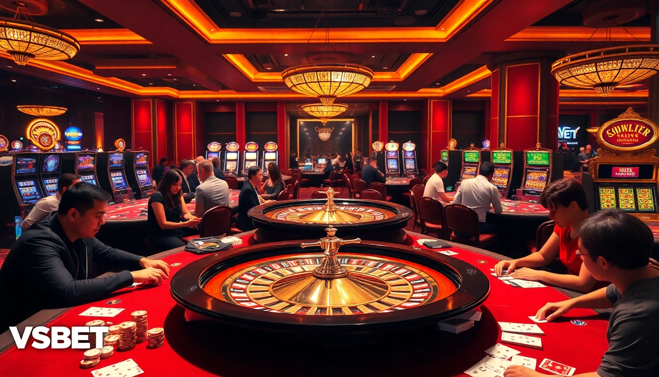 Engaging players at VSBET casino tables with roulette and poker chips.