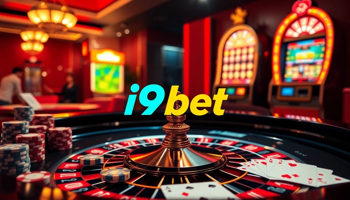 Experience the thrilling action at i9bet with vibrant casino elements like roulette, poker chips, and cards.