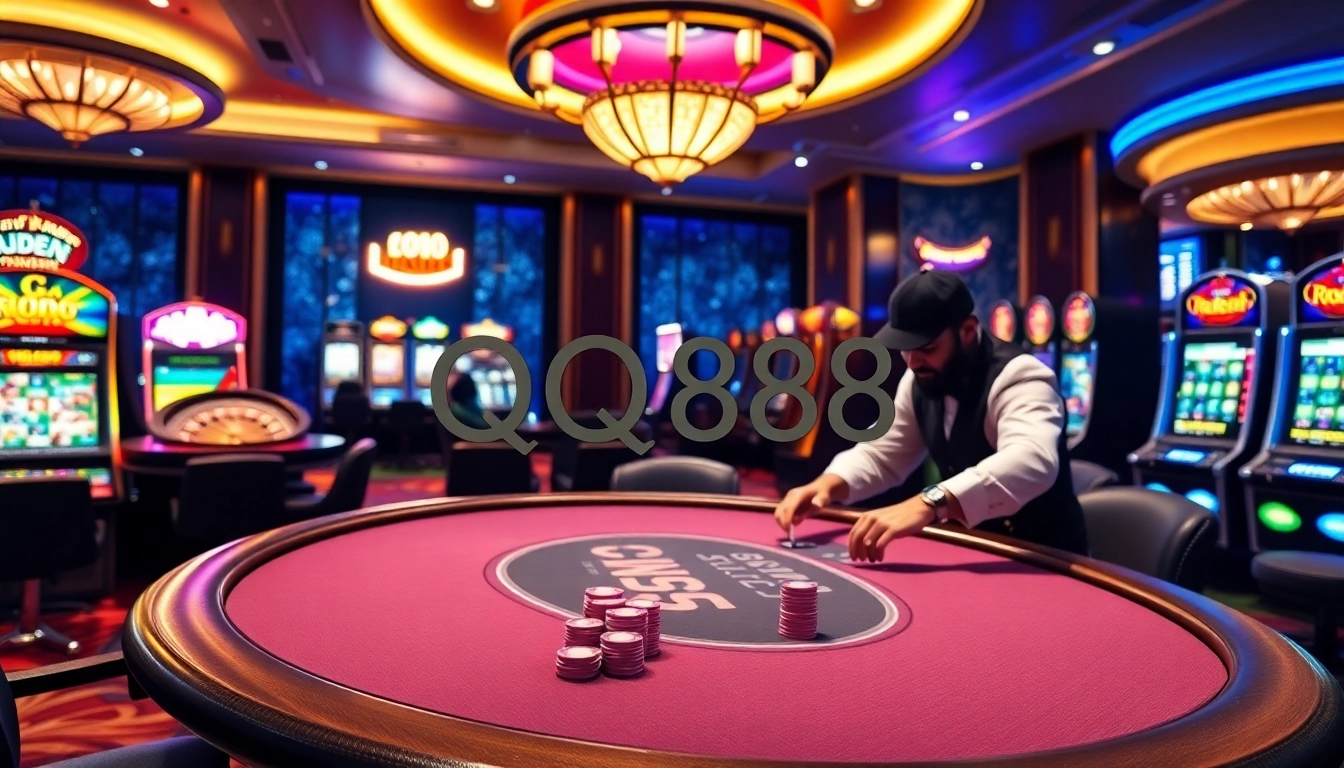 Experience the thrill of QQ888 at a luxurious casino, showcasing poker and slot machines.