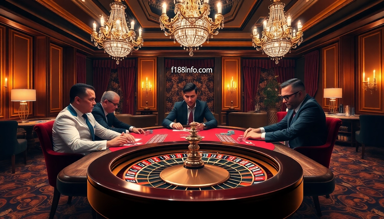 Engaging poker game scene with players focused on f168info.com, showcasing luxury gaming elements.