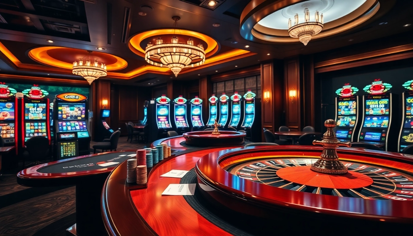 The vibrant casino scene from https://mm88.in.net/ with poker tables, roulette wheels, and dynamic online gambling elements.