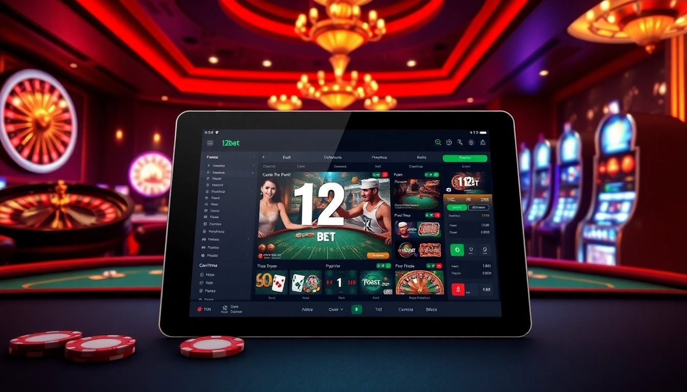 Engaging scene of 12bet online betting interface with casino elements like roulette and poker tables.