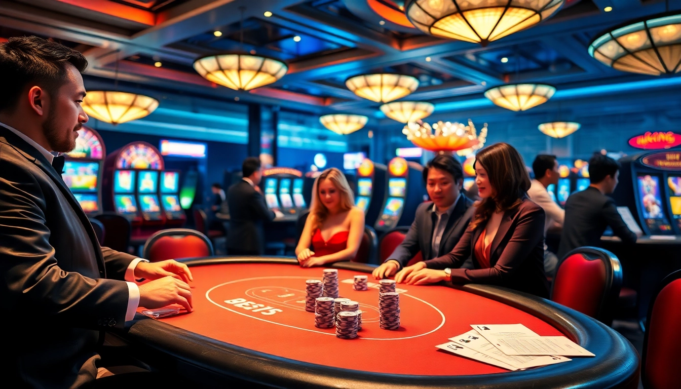 Experience the vibrant atmosphere of Nhà cái OK365, featuring an elegant poker scene with professional dealers and excited players.