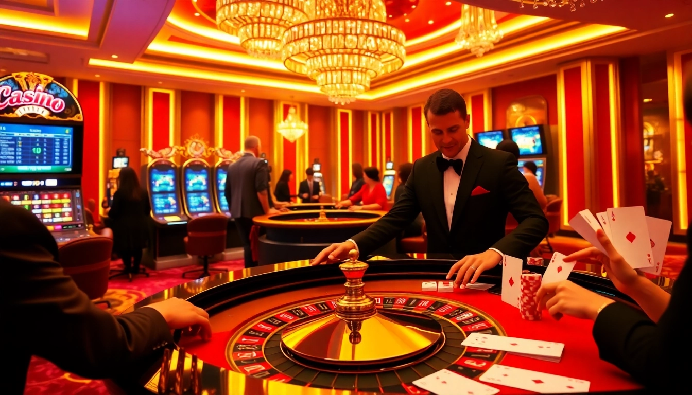 Experience the excitement of game GG88 at a vibrant casino with poker and roulette tables.