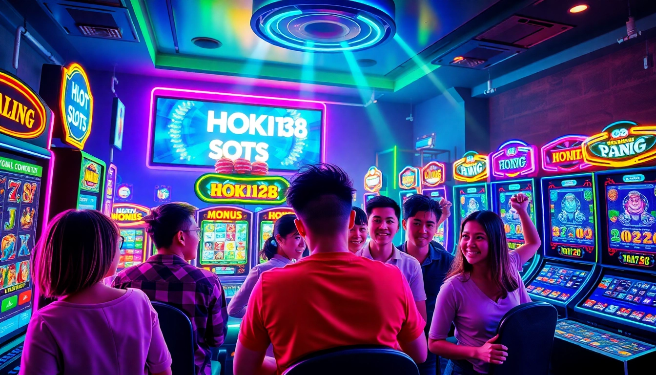 Exciting HOKI138 online gaming scene with players at vibrant slot machines