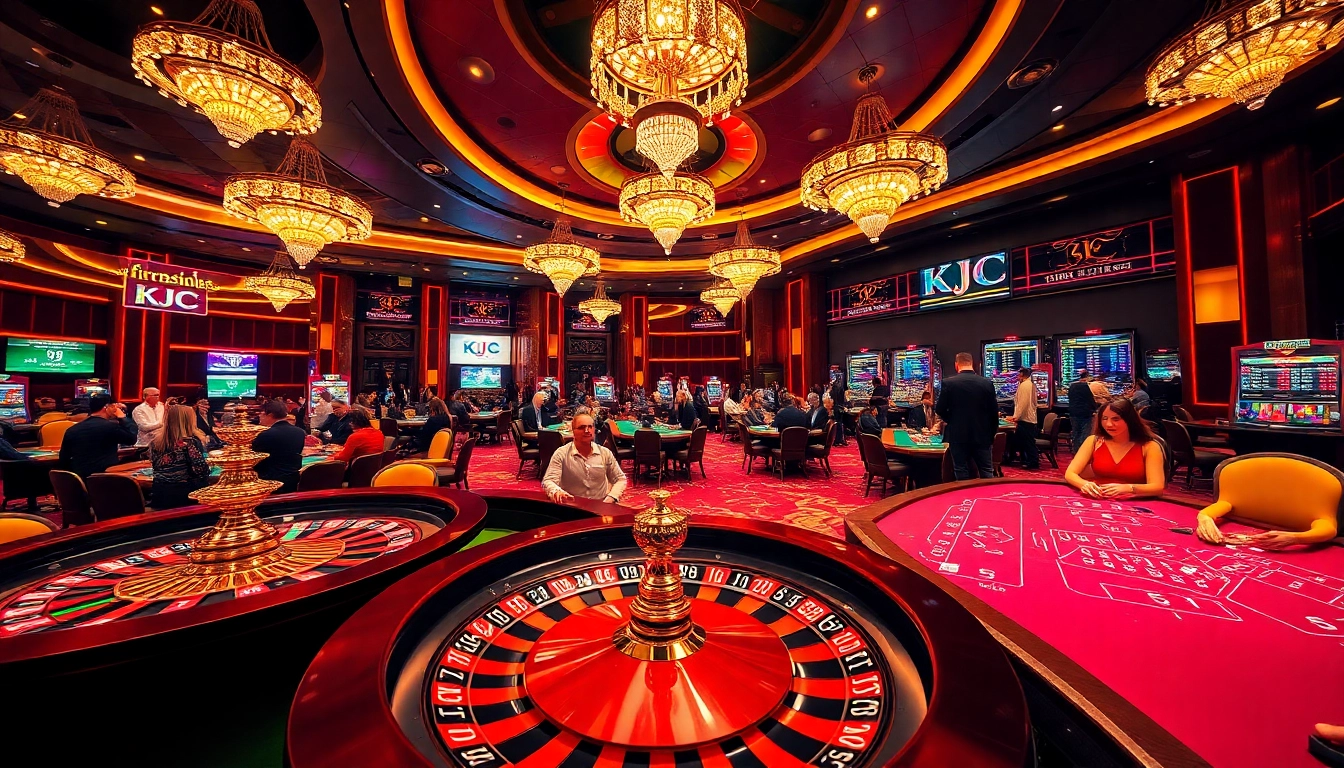 KJC casino scene with vibrant poker tables, roulette wheel, and lively players immersed in gameplay.