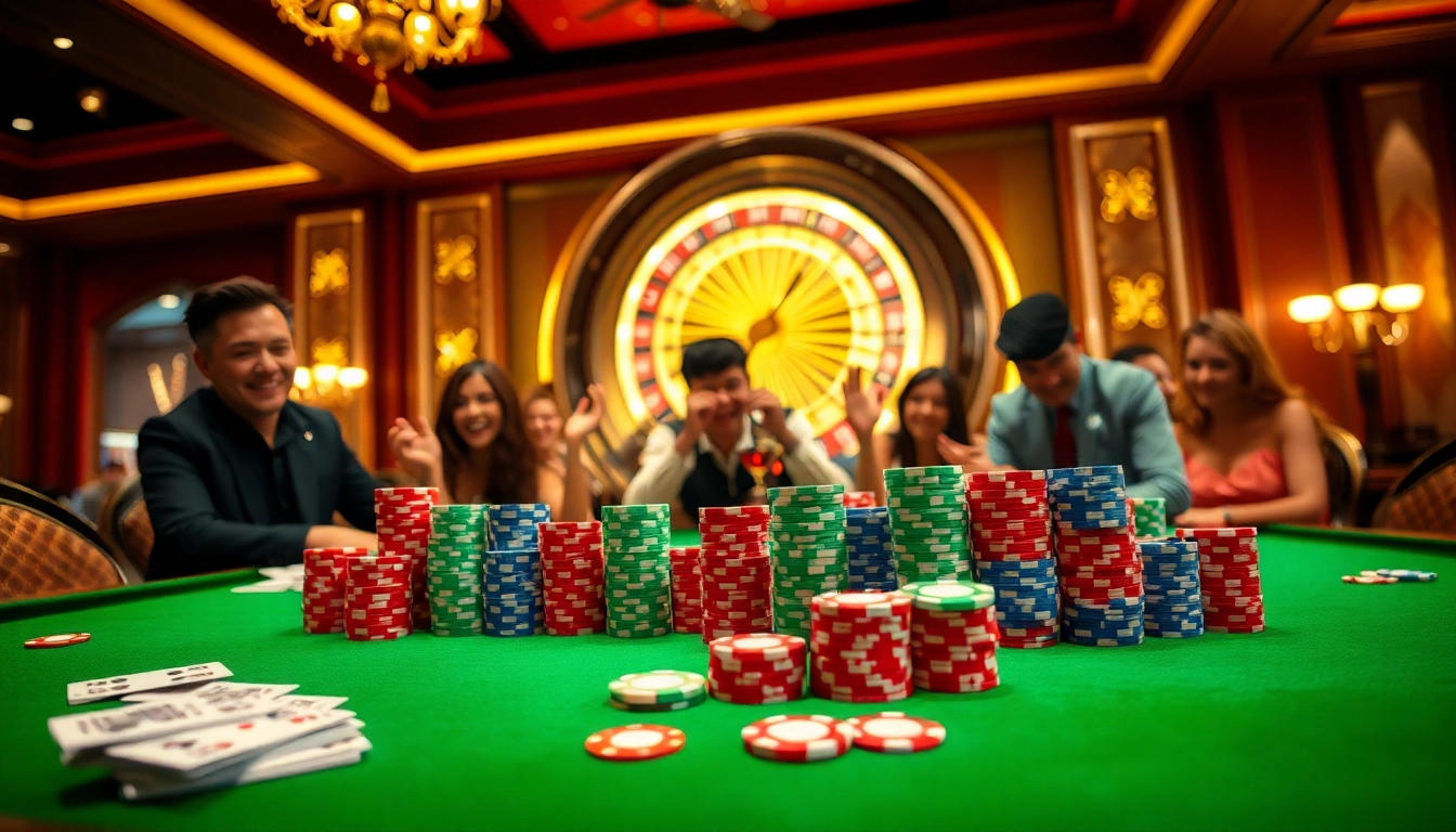 Hello88 players enjoying thrilling poker action at a luxurious casino table.