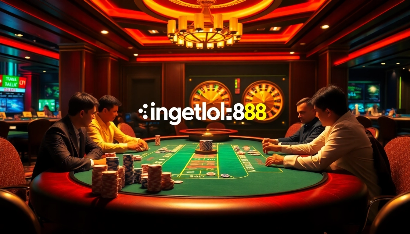 Experience excitement at ingatbola88's poker table with vibrant chips and a roulette wheel.