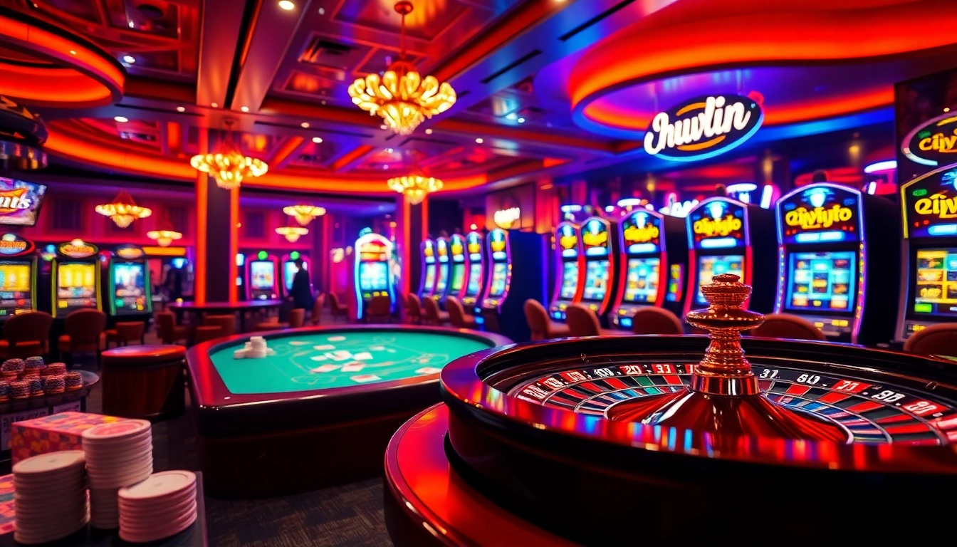 Experience the thrill of winning at a luxurious casino with ku win elements, featuring poker tables and a roulette wheel.