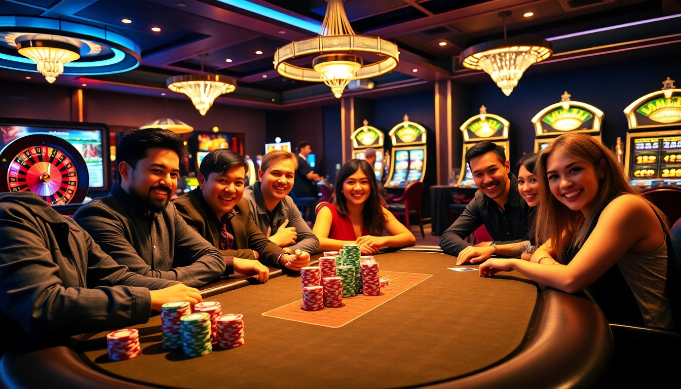 Gamblers enjoying high-stakes poker at a vibrant casino, inspired by https://xx88.promo/ for an exhilarating experience.