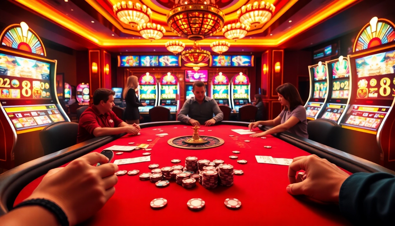 Players enjoying a thrilling poker game at https://ev882.sa.com/, showcasing colorful casino chips and an engaging atmosphere.