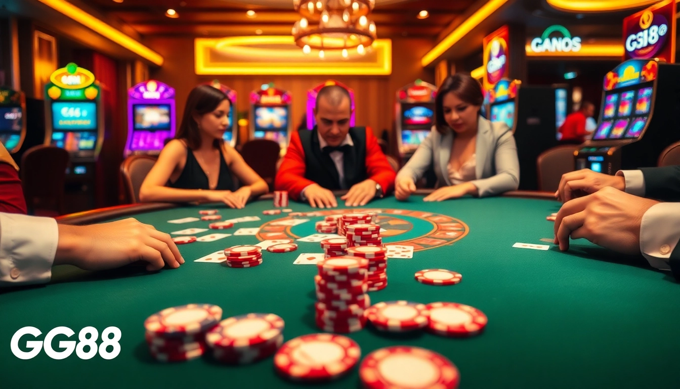 Engaging scene of GG88 players at a poker table, showcasing high-stakes excitement and strategy in gaming.
