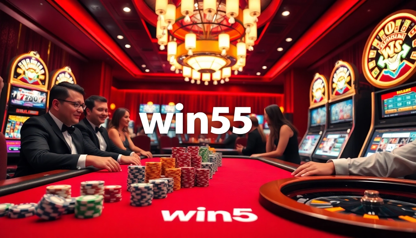 Players enjoying poker at a luxurious casino, highlighting win55 strategies and excitement.
