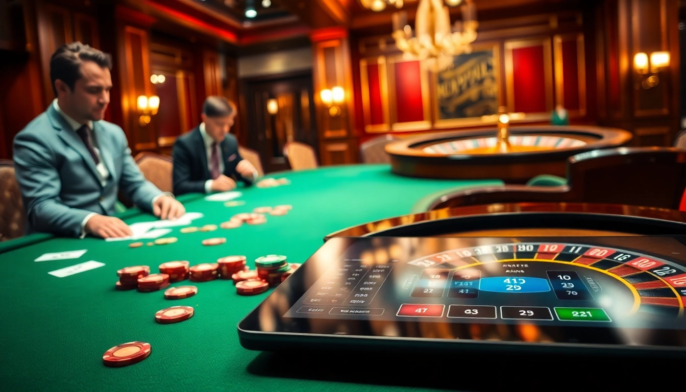 Exciting scene of players engaging at the nhà cái usbet casino table with cards and chips.