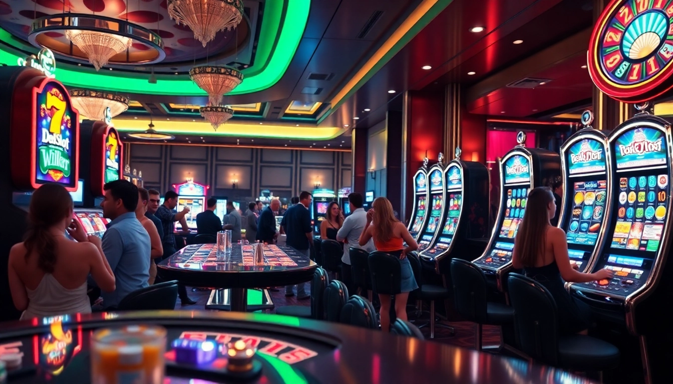 Players celebrate winning at doaslot slot machines in a vibrant casino atmosphere.