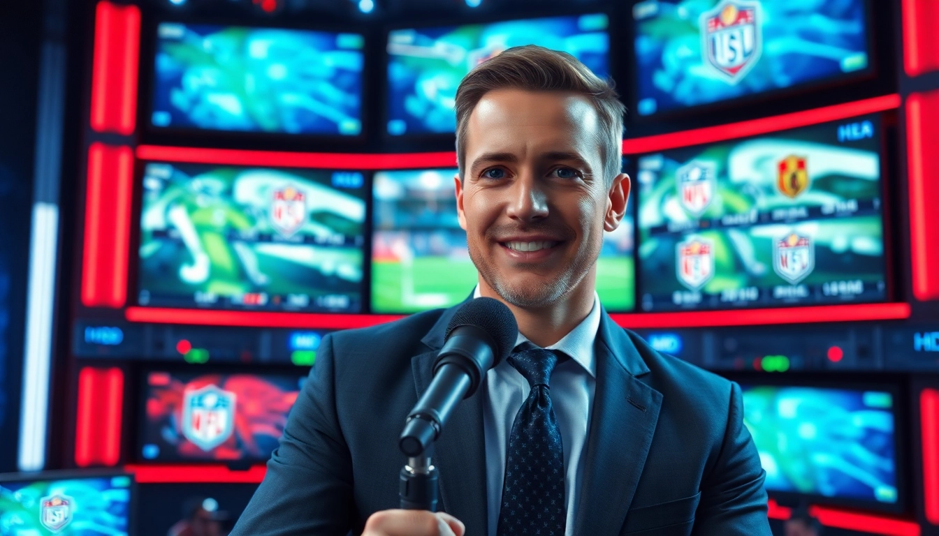 Sports Broadcasting in action with a broadcaster engaging viewers in a vibrant studio setting.