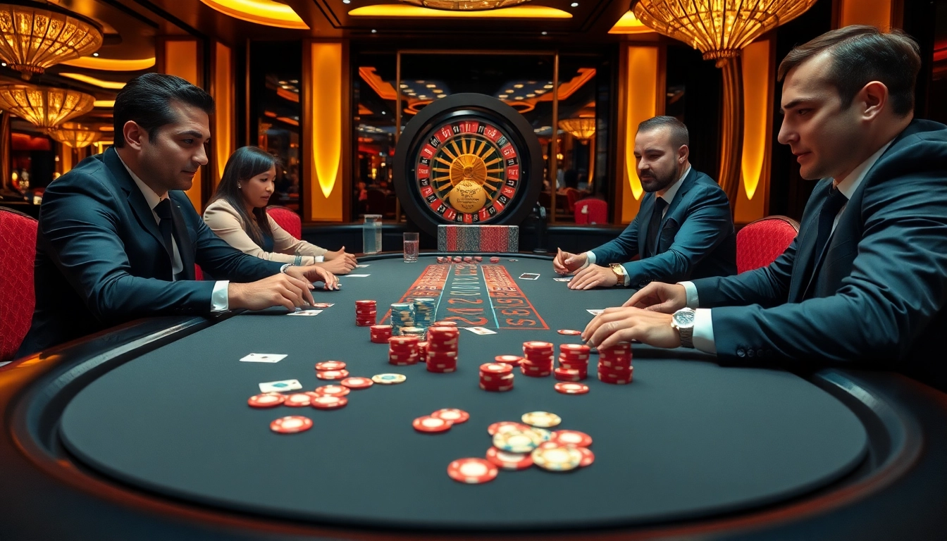 Exciting poker play at nhà cái fun79 in a luxurious casino setting with vibrant chips and cards.