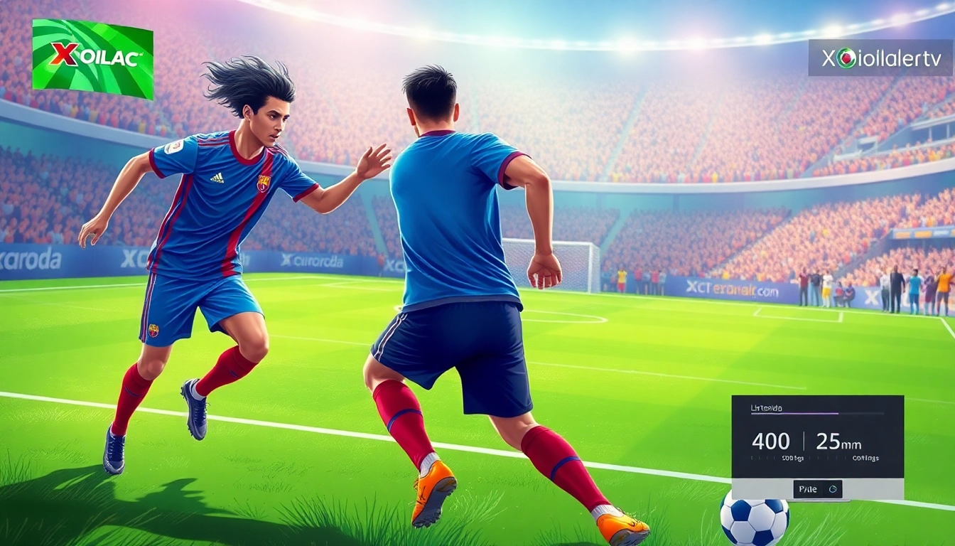 Xoilac TV soccer streaming scene with dynamic players and vibrant crowd.