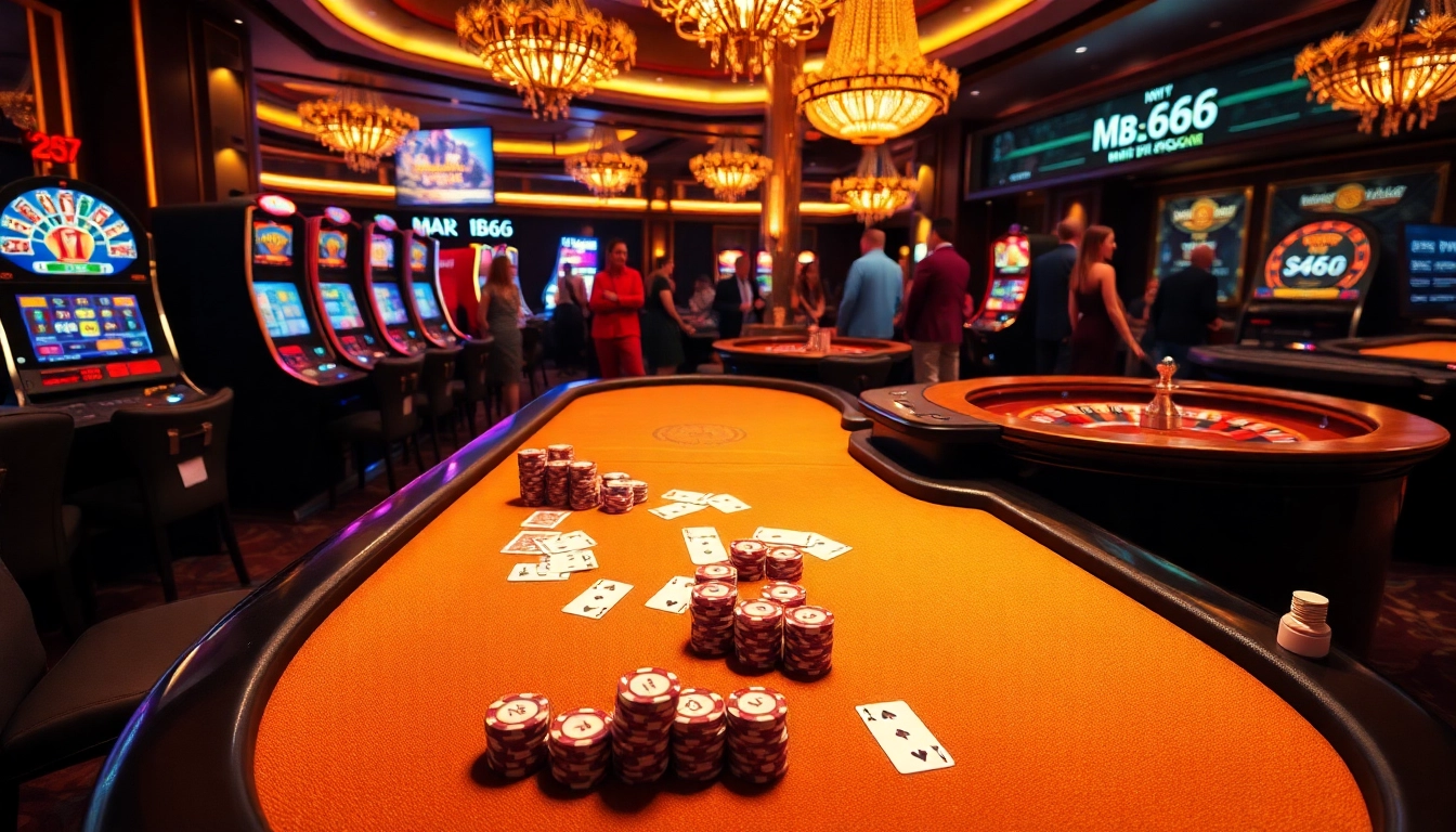 Players strategizing at a luxurious casino table featuring MB 66 poker chips and cards.