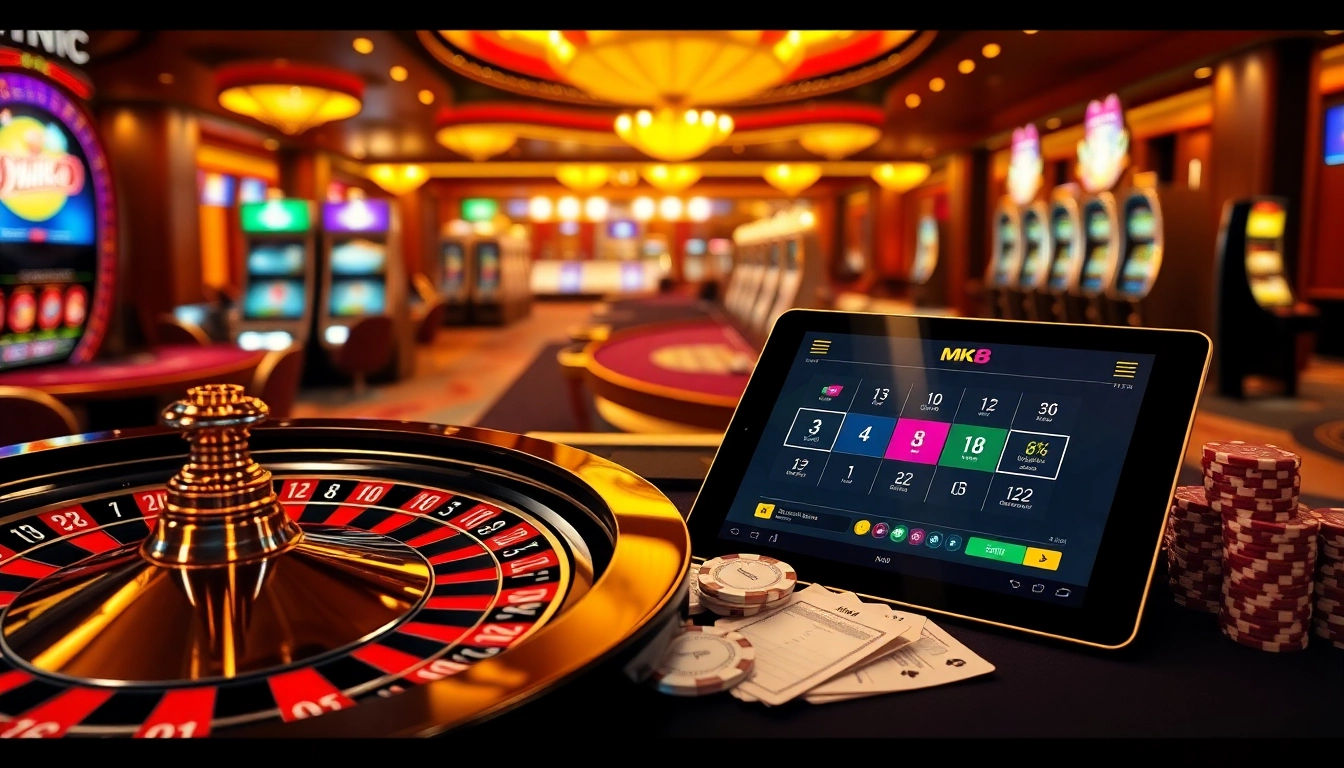 An engaging casino scene showcasing the thrilling atmosphere of https://mk8th.net/ with roulette wheels, poker chips, and online gaming interfaces.