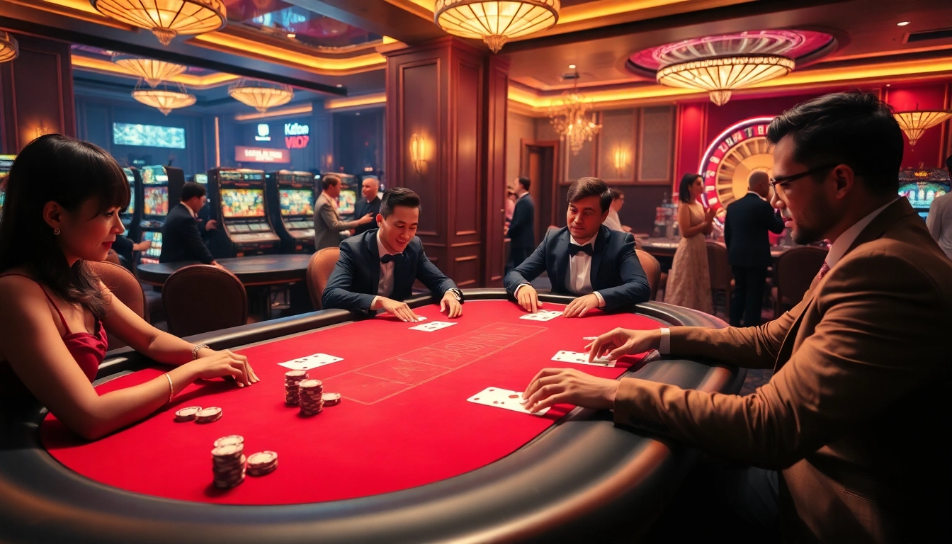 High-stakes poker action at nhà cái kp88 casino with professional players and glamorous ambiance.
