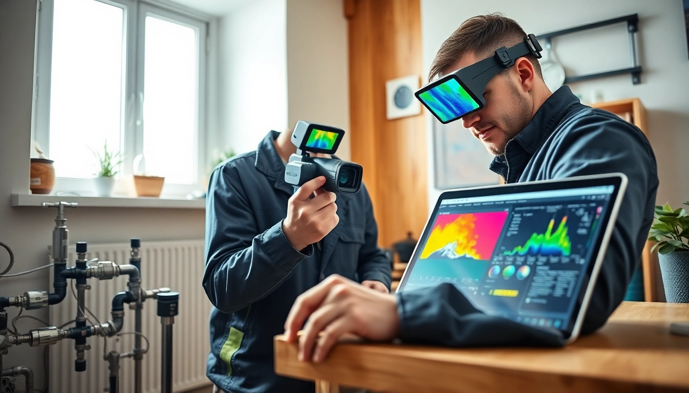 Power flush leak detection technician using advanced tools in a modern home.