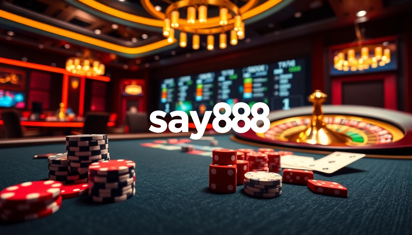 Experience the excitement of say88's online casino with stylish poker tables and live betting setups.