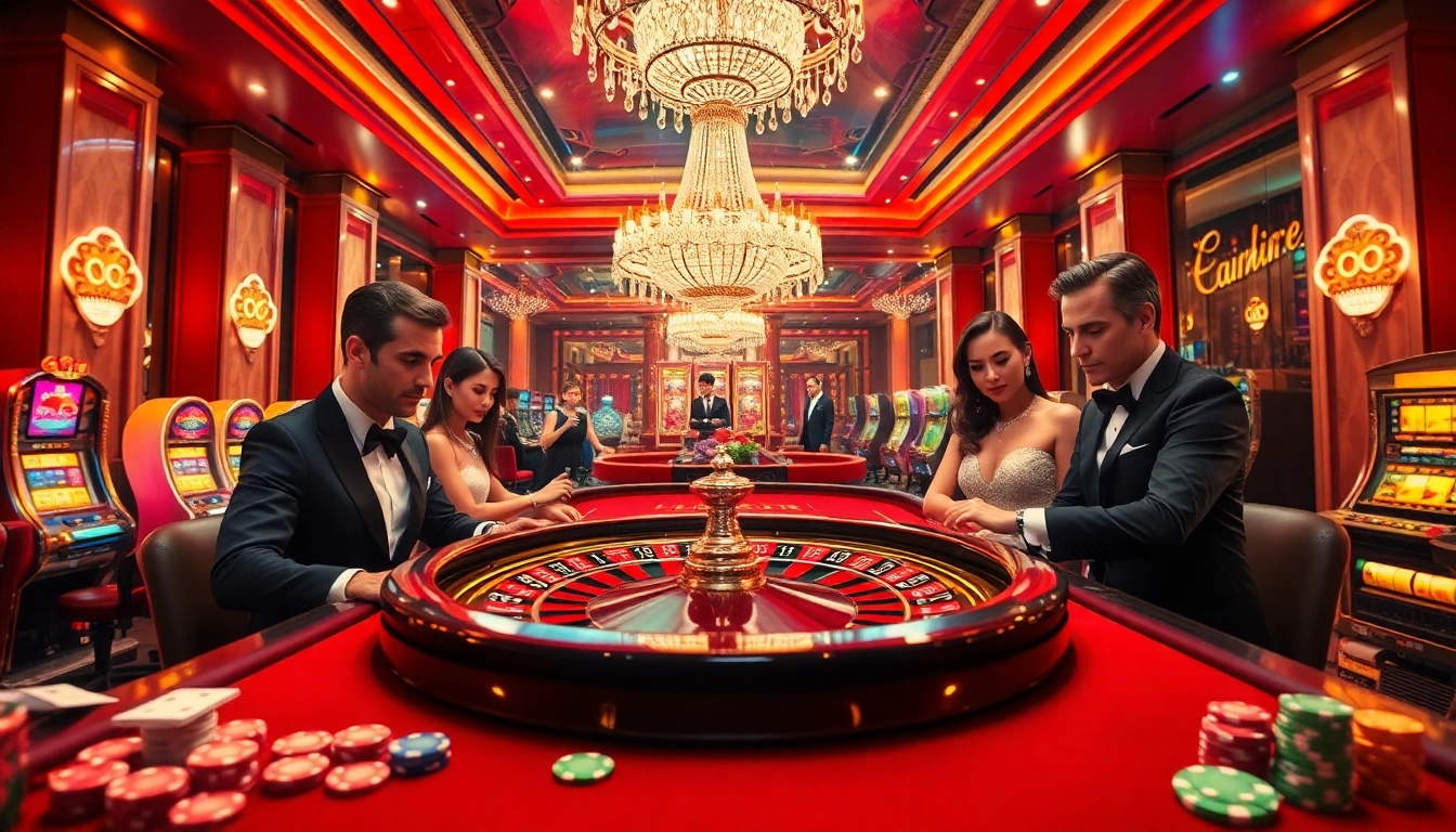 Experience the exciting atmosphere of nhà cái 33win with players engaging at a roulette table surrounded by vibrant casino elements.