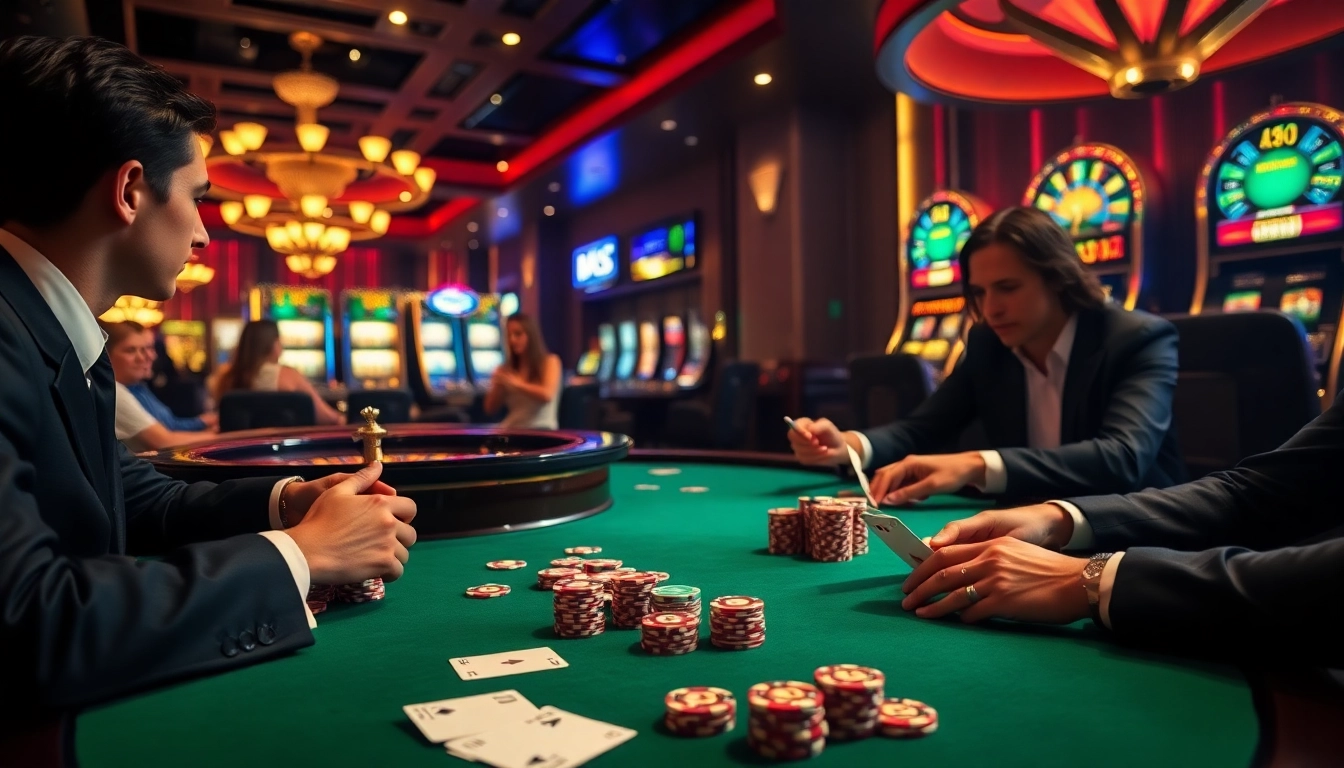 Players enjoying an exciting poker game at b52club, surrounded by colorful chips and casino ambiance.