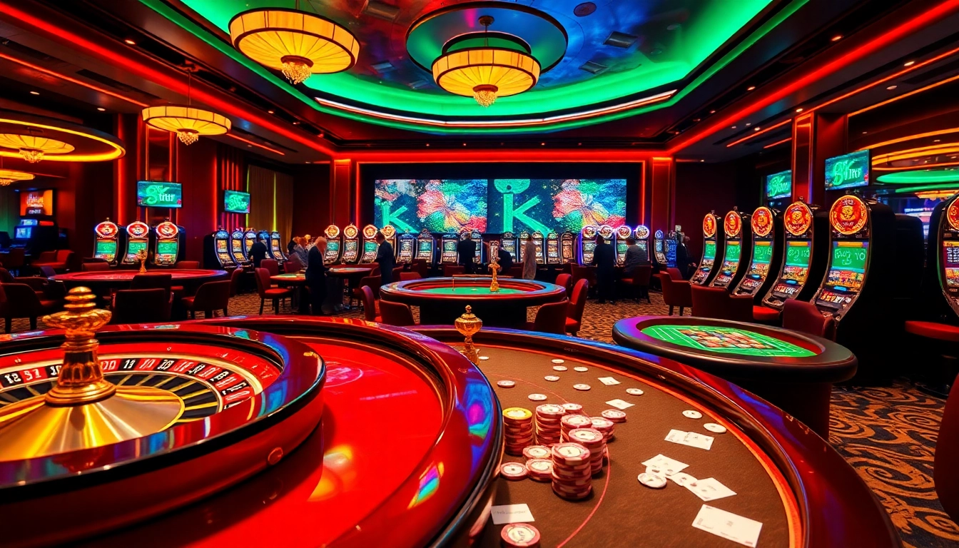 Experience the thrill of gambling with link 88i at this luxurious casino scene featuring roulette and slot machines.