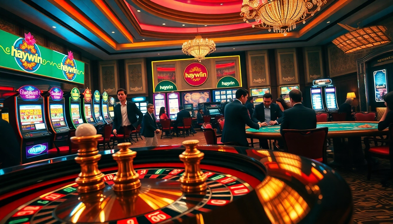 Experience the excitement of haywin at a luxurious casino featuring roulette tables and slot machines.