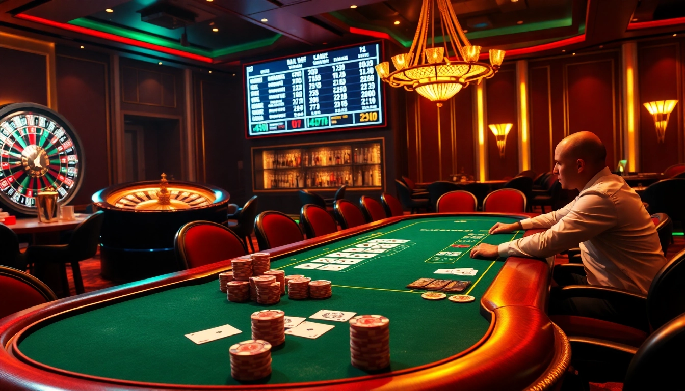 A thrilling poker game with high stakes at https://dabet.homes, featuring professional players and vibrant casino ambiance.