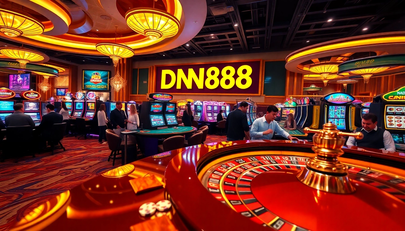 Players enjoying games at DN88 casino with vibrant slot machines and roulette tables.