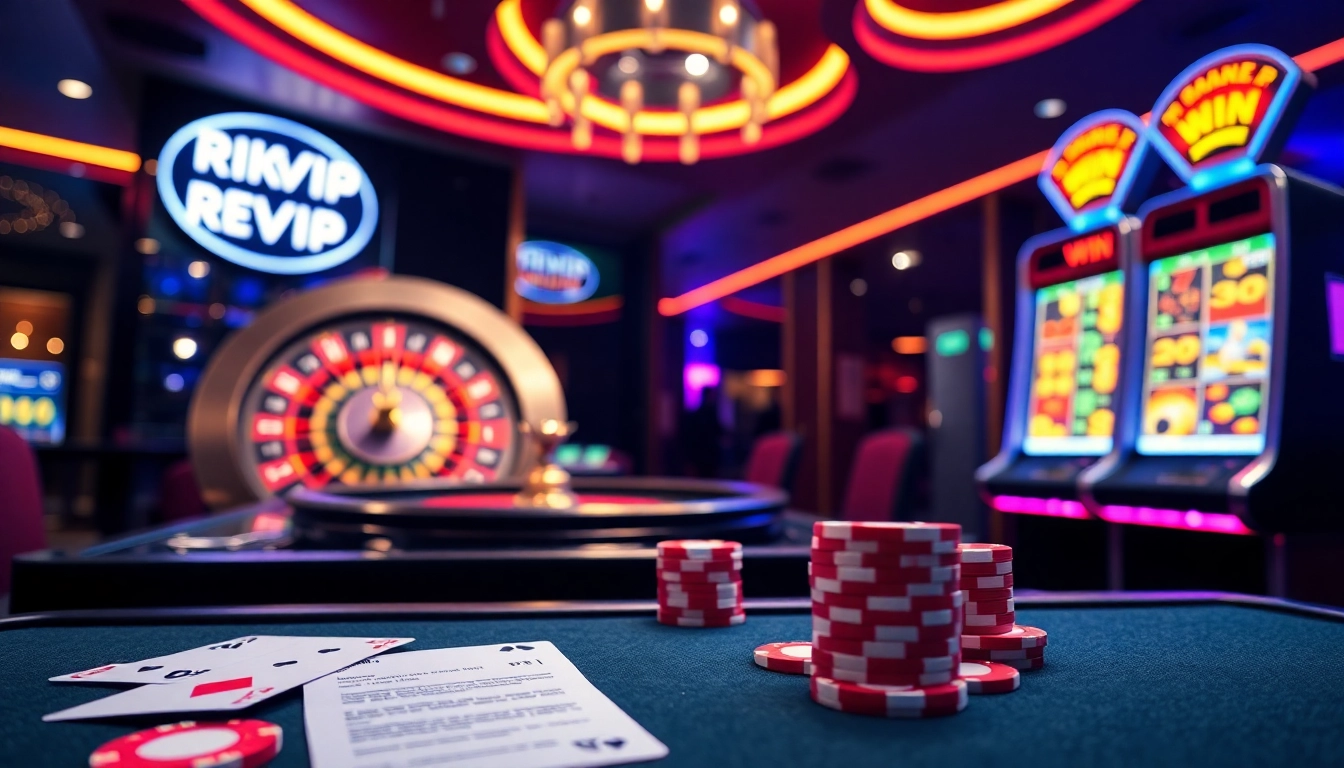 RIKVIP casino scene with vibrant poker chips and a roulette wheel showcasing exciting online gambling.