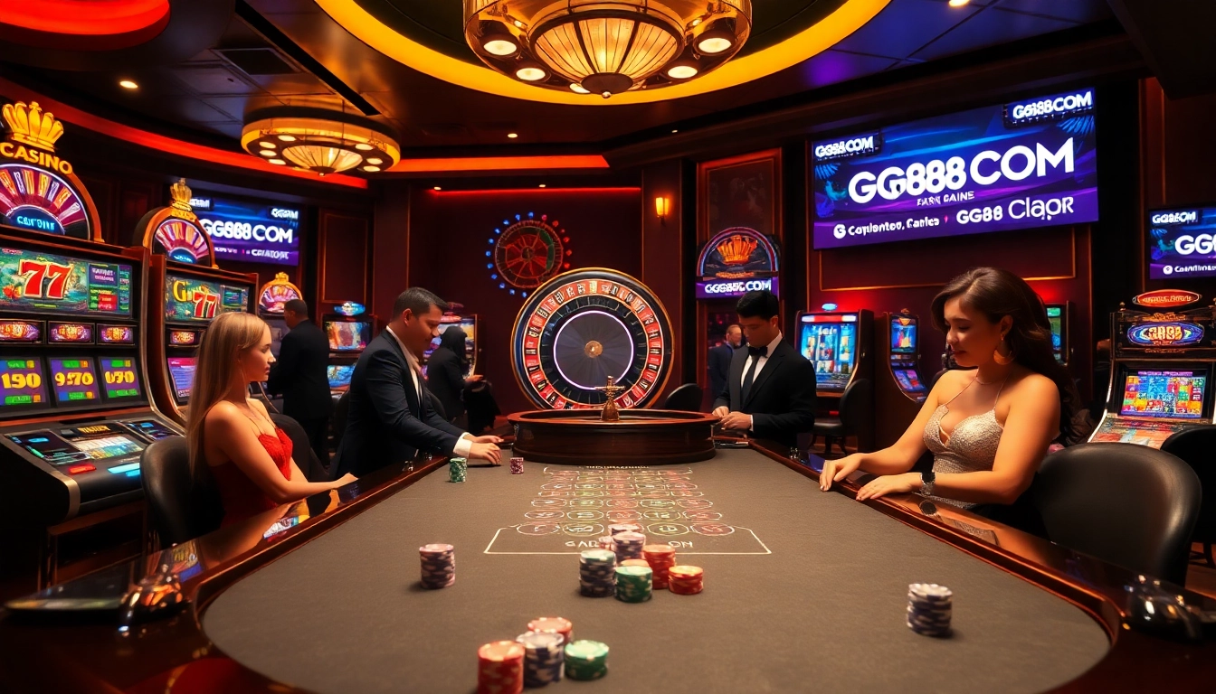 Experience the thrill of GG88 COM with a luxurious casino setting featuring high-stakes tables and dynamic slot machines.