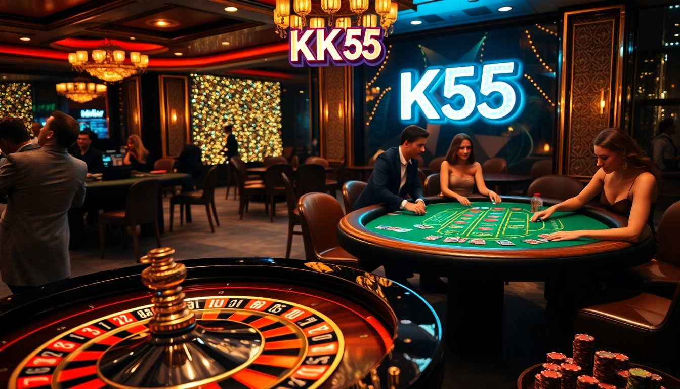 Players enjoy thrilling games at a casino featuring KK55 roulette wheel and blackjack tables.