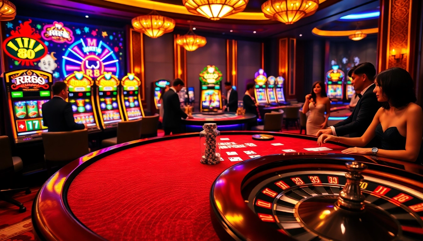 Experience the thrill of RR88 gaming with vibrant tables, cards, chips, and a roulette wheel.
