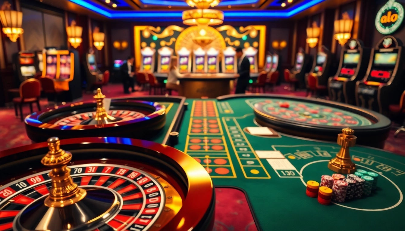 A lively casino scene highlighting alo 789 with players engaging at roulette and poker tables.