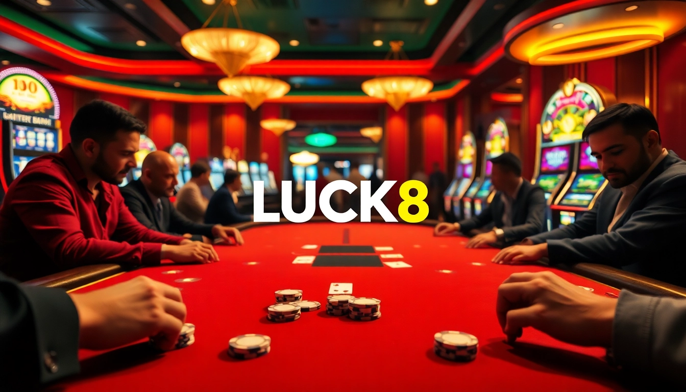 Người chơi tham gia các trận poker căng thẳng tại bàn casino LUCK8 sang trọng, được trang bị những viên chip và bộ bài chuyên nghiệp.