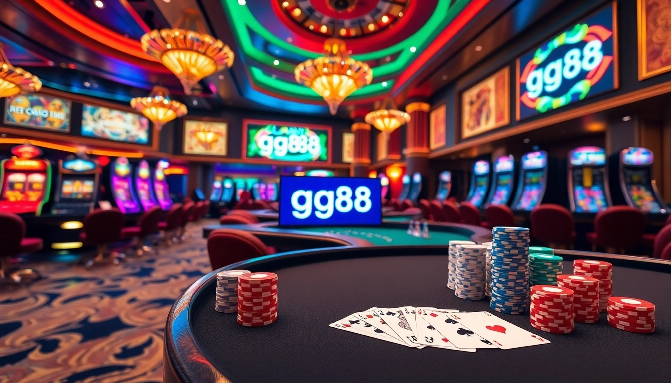 The glamorous casino scene with roulette tables and vibrant slot machines highlighting the gg88 link for online gambling.