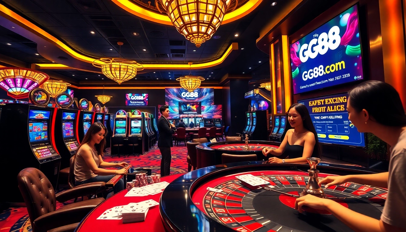 Experience the excitement of gambling at gg88com with vibrant casino tables and engaging players.