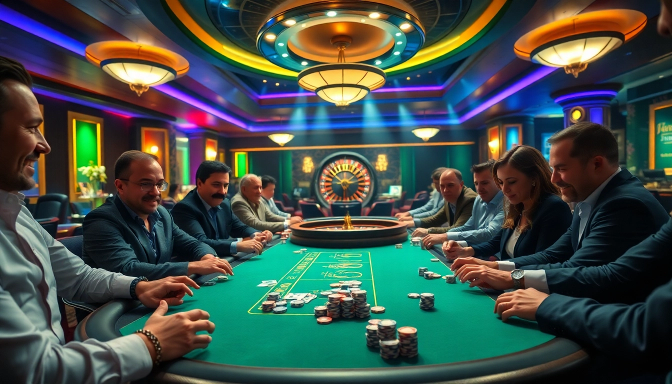 Players engaged in a thrilling poker game at 789f.mba, surrounded by casino vibes and exciting chips.