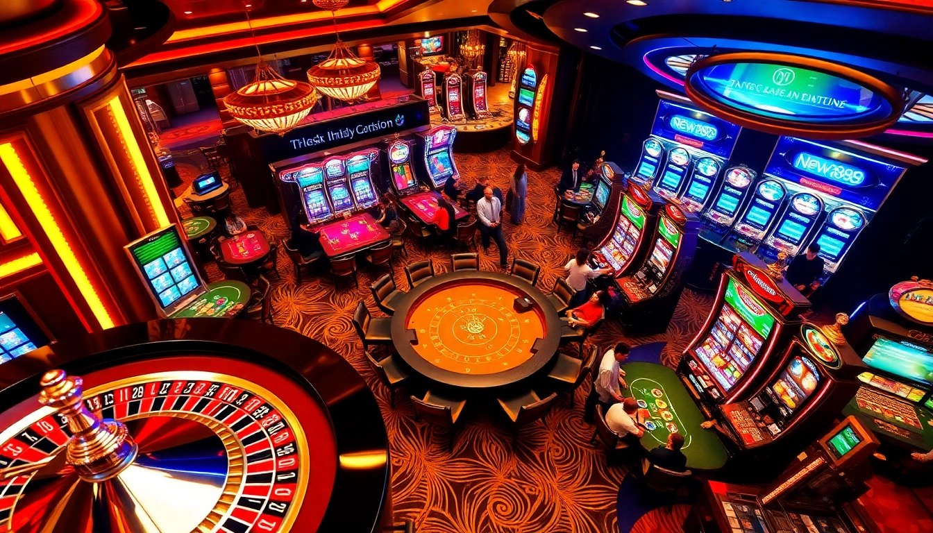 Experience the excitement of New888 as players engage at roulette tables and vibrant slots.