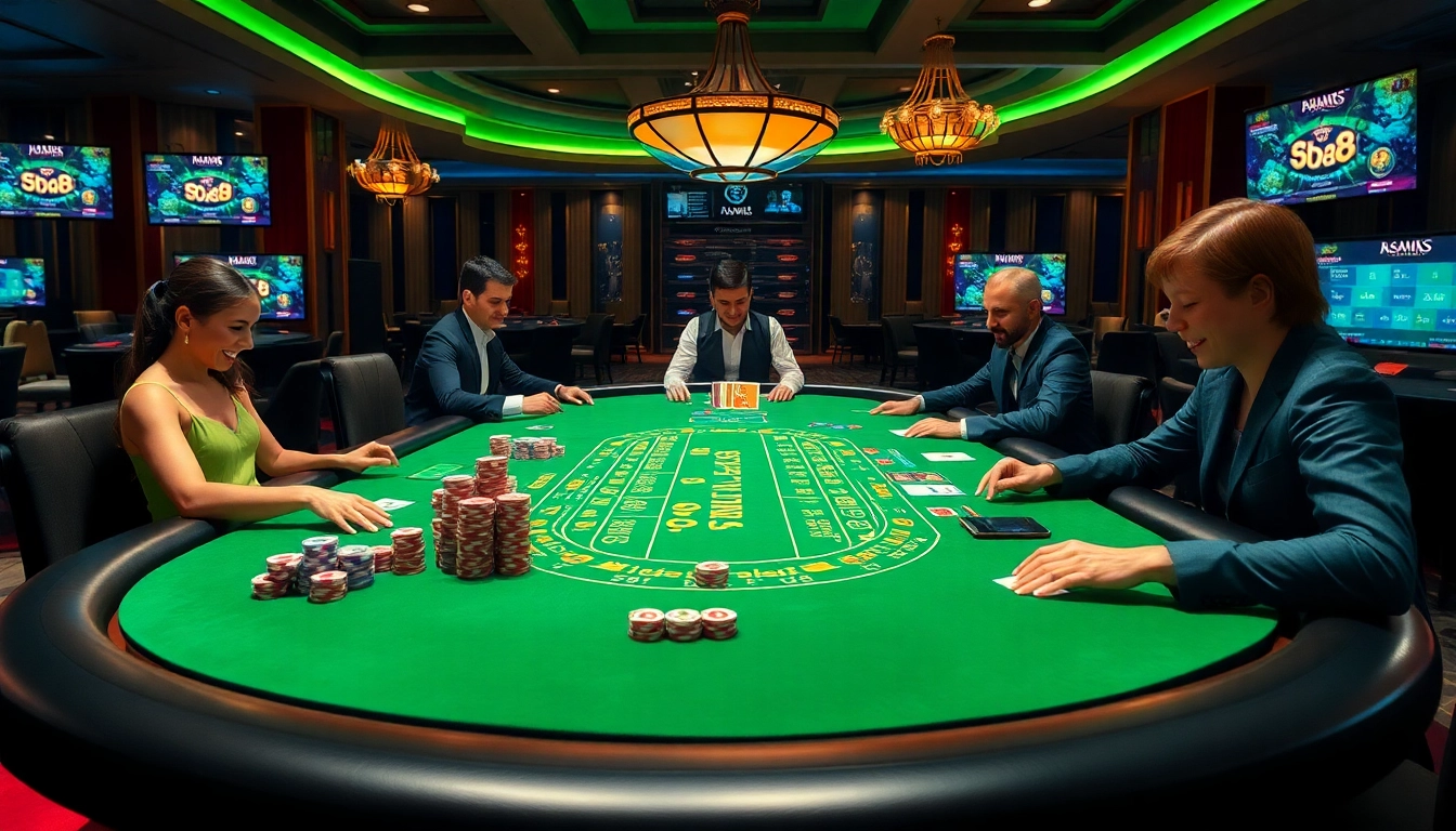 Engage with the nhà cái sx88 experience at a lively casino blackjack table, featuring players and dealers.