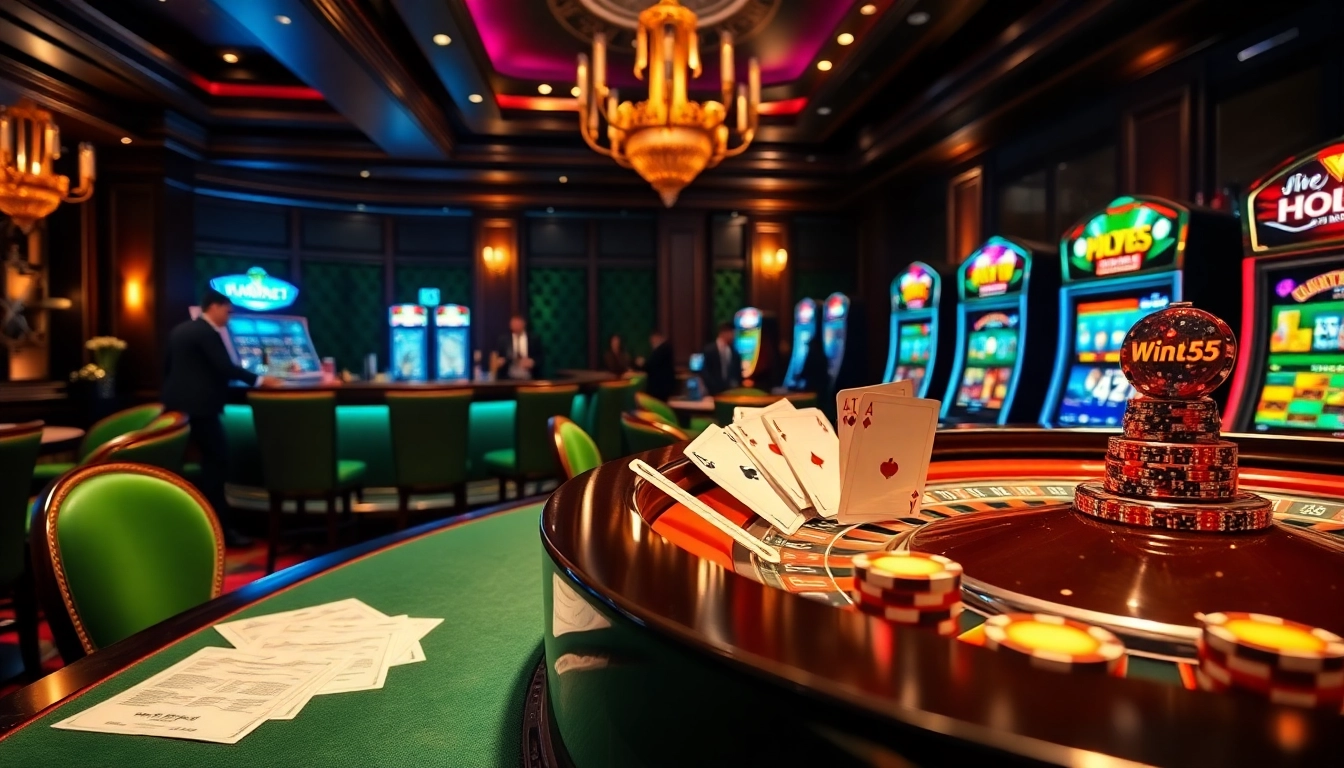 Win55 players placing bets at a luxurious casino filled with excitement and high-stakes games.